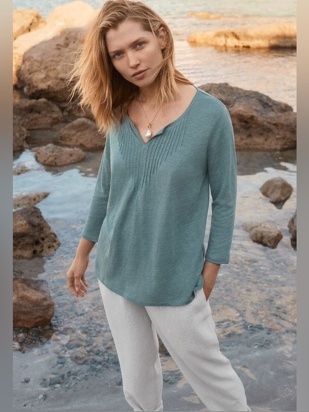 Poetry Pintucked 100% Linen Jersey Top in
Dark Bay Teal